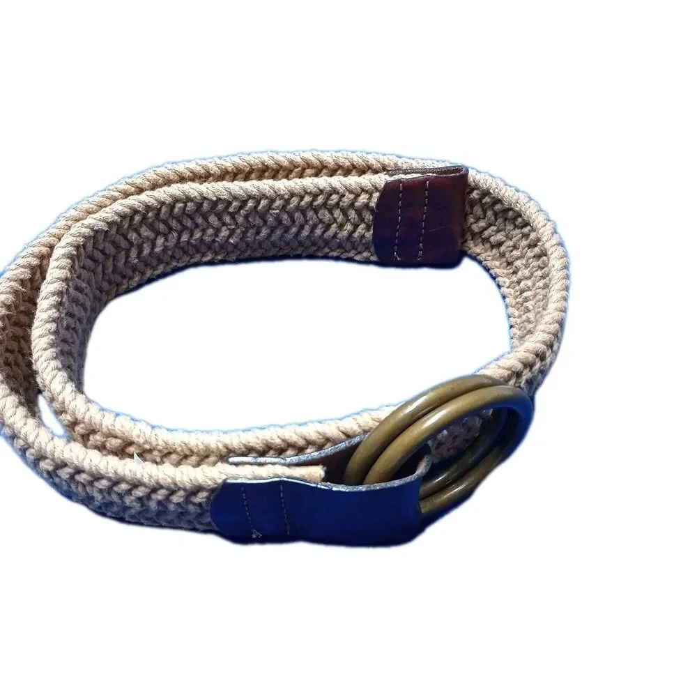 Beige woven belt with brown leather accents double Brass Rings Size 36